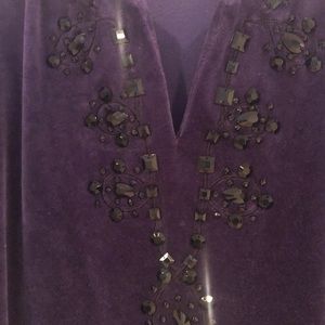 WOMENS PURPLE VELOUR V NECK BEADED TOP